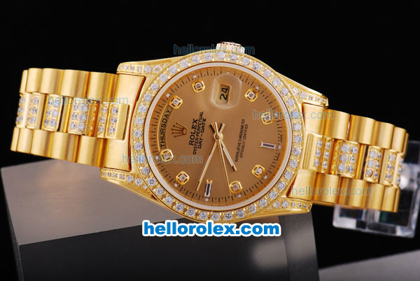 Rolex Day-Date Oyster Perpetual Automatic Full Gold with Diamond Bezel-Diamond Marking and Dark Brown Dial - Click Image to Close